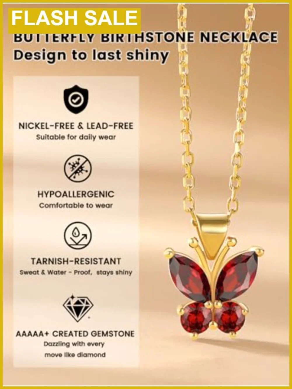 Butterfly Birthstone Necklace 18K Gold Plated Crystal Pendant 16in